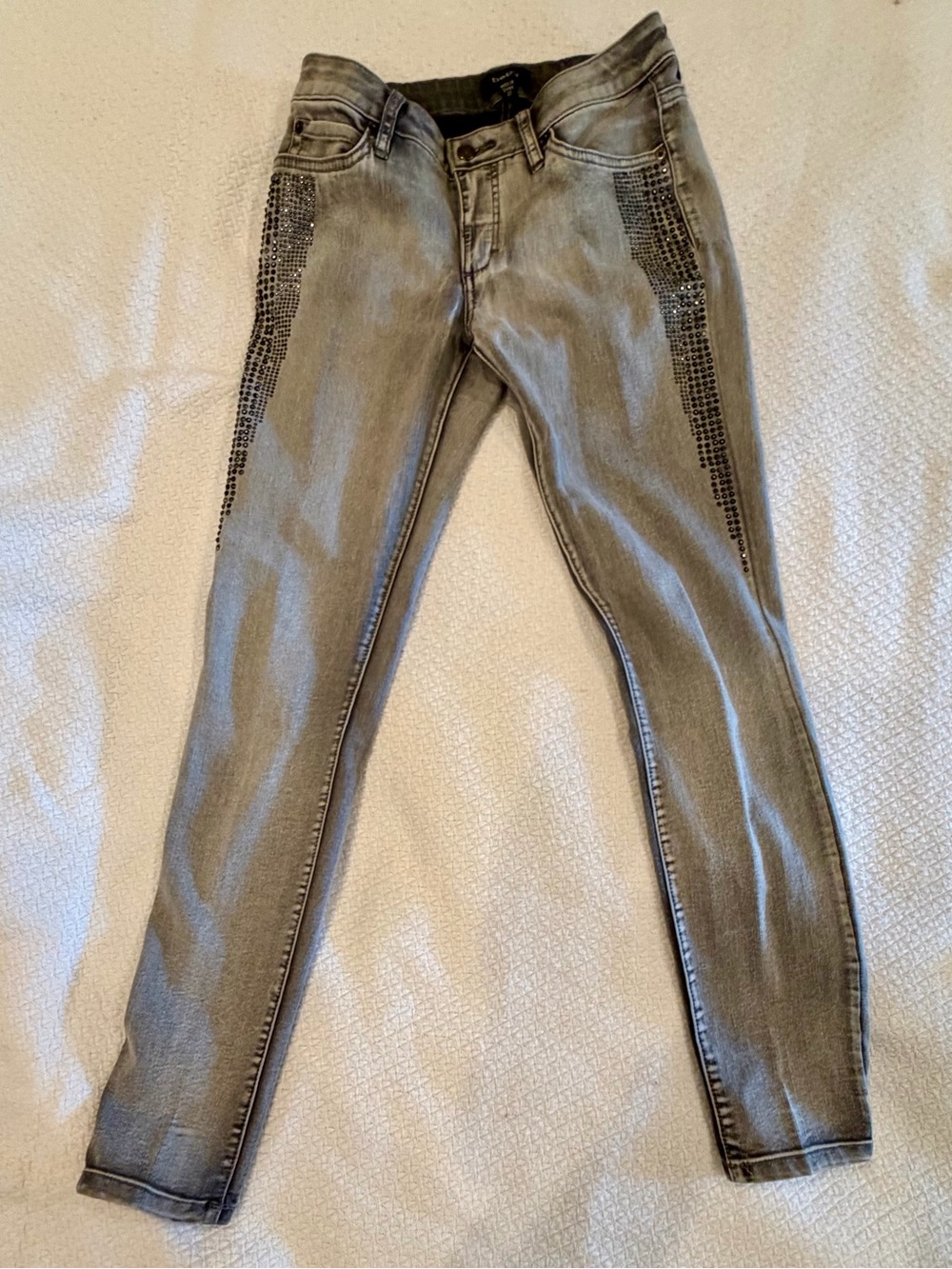 bebe Gray Skinny Jeans with Side Rhinestone Detailing